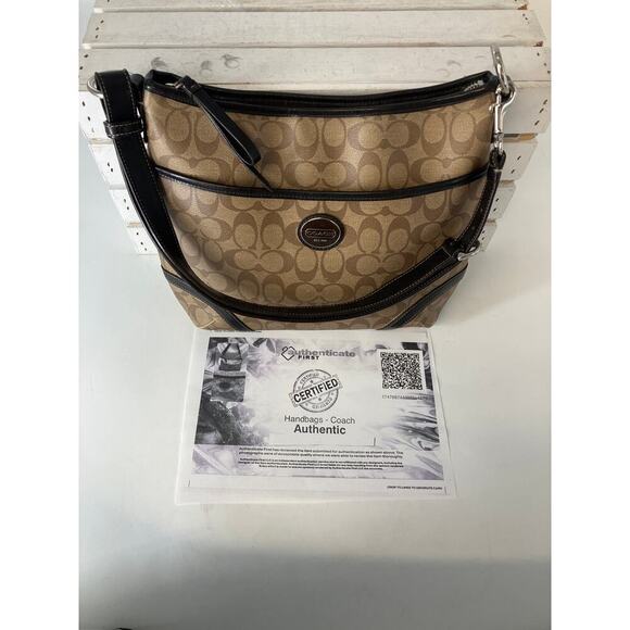 COACH F19823 TAN SIGNATUE PRINT PVC LEATHER SHOULDER BAG - Picture 2 of 16